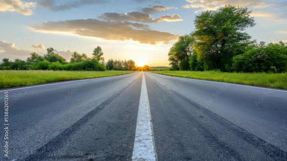 An empty road leading into a beautiful sunset. A perfect setting for travel and exploration. An empty road leading into a beautiful sunset. A perfect setting for travel and exploration.