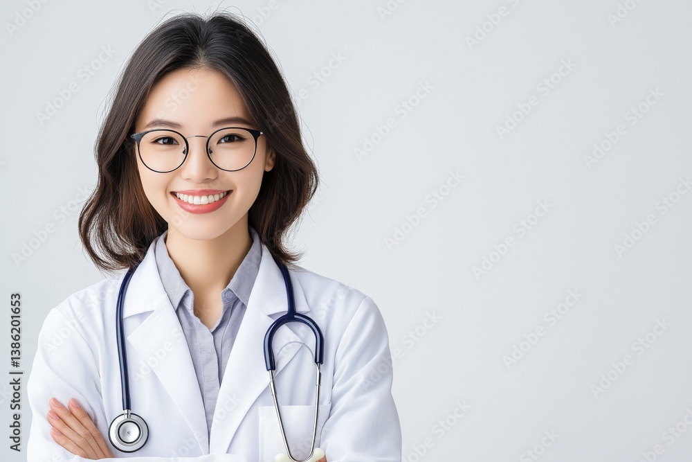 Smiling young Asian doctor in lab coat with stethoscope against turquoise background Smiling young Asian doctor in lab coat with stethoscope against turquoise background