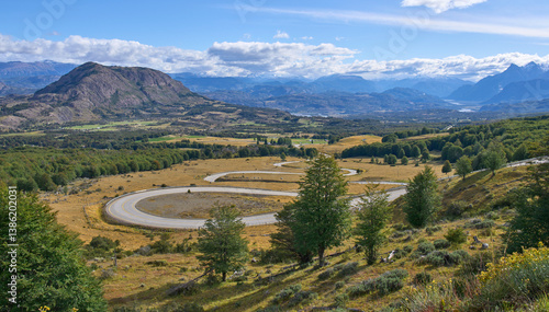 A view point Mirador Cerro Castillo in the road 7 Carretera Austral. Road curves. Great views to the valley. 
