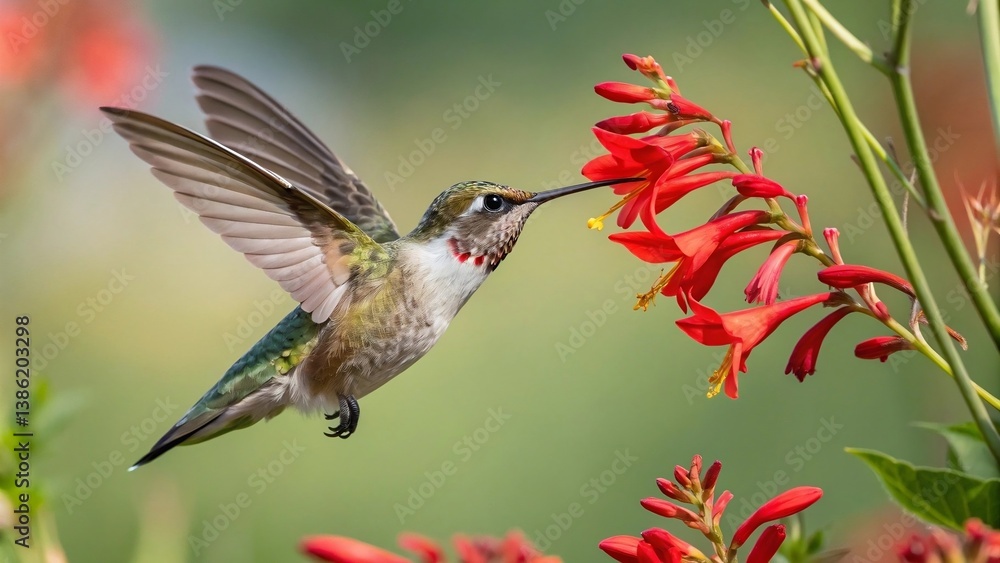 Fototapeta premium A hummingbird frozen in mid-flight while feeding on a red flower, sharp detail and vibrant wings.
