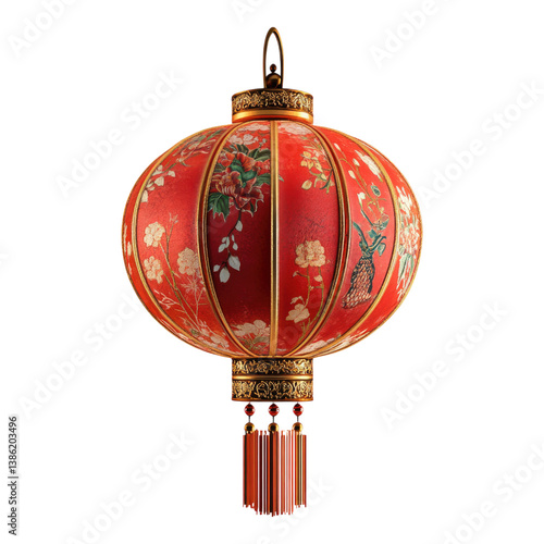 Red lantern with flowers and birds on it. PNG, Transparent