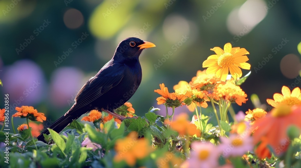 A playful Indian myna interacting with bright flowers in a garden A playful Indian myna interacting with bright flowers in a garden