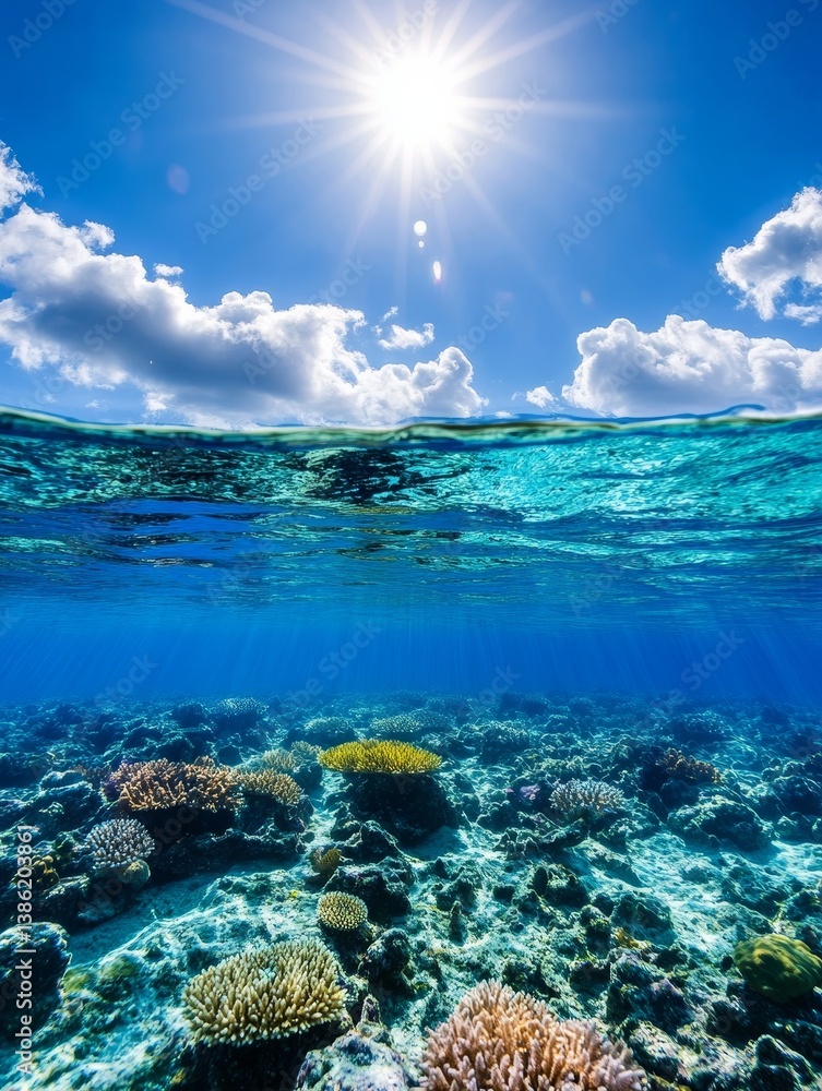 Obraz premium Vibrant Coral Reef Under Sunny Sky - Stunning underwater shot of a vibrant coral reef beneath a bright sunny sky with fluffy clouds. Perfect for travel, nature, or ocean themes