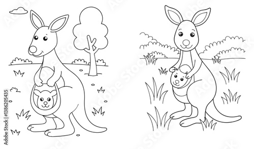 Caring Kangaroo and Baby: A charming monochrome illustration depicts a mother kangaroo cradling her joey in a gentle embrace amidst a serene outdoor landscape.
