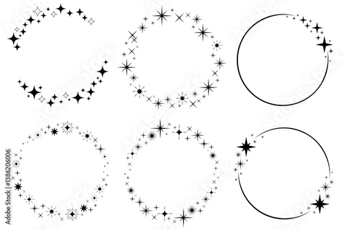 Set of vector graphic circle banner with twinkle stars, Shiny sparkle circle frame set, Wreaths for design, logo template. Stardust, starry sky, cosmic glitter shine.