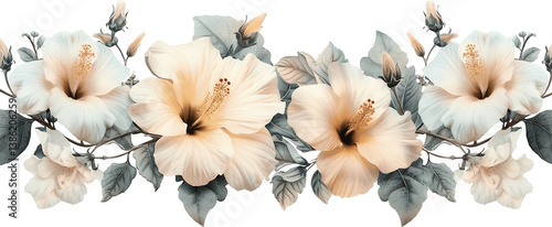 Neutral beige hibiscus watercolor border arrangement with muted tones perfect for minimalist wedding designs and sophisticated branding