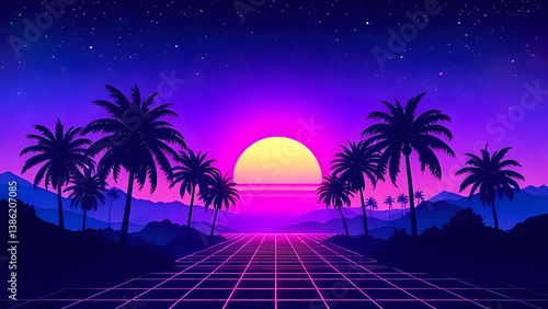 Retro Futuristic Neon Landscape with Glowing Sunset, Palm Trees Silhouettes. Synthwave Style. Purple and Blue  Gradient
