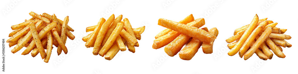 Four Piles Of Golden French Fries Isolated, Crispy Potato Chips, Fast Food Concept, Delicious Snack Item On Transparent Background Four Piles Of Golden French Fries Isolated, Crispy Potato Chips, Fast Food Concept, Delicious Snack Item On Transparent Background