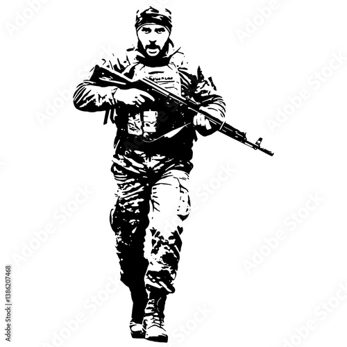 Black and White Ukraine Army Art Ilustration, Launching an attack with great courage and valor with inverted perception