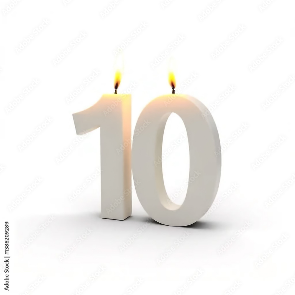 Lit number ten candles celebrating a decade of joy and success with warm light against a bright white backdrop. Lit number ten candles celebrating a decade of joy and success with warm light against a bright white backdrop.