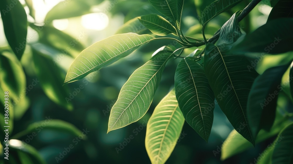 Obraz premium A close-up of mango leaves showing intricate veins and textures