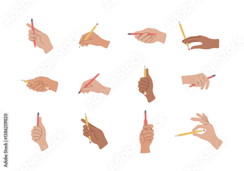 Set of hands with pencil or pen. Handwriting, stationery. Write skill. Hand with writing tool. Isolated vector illustration