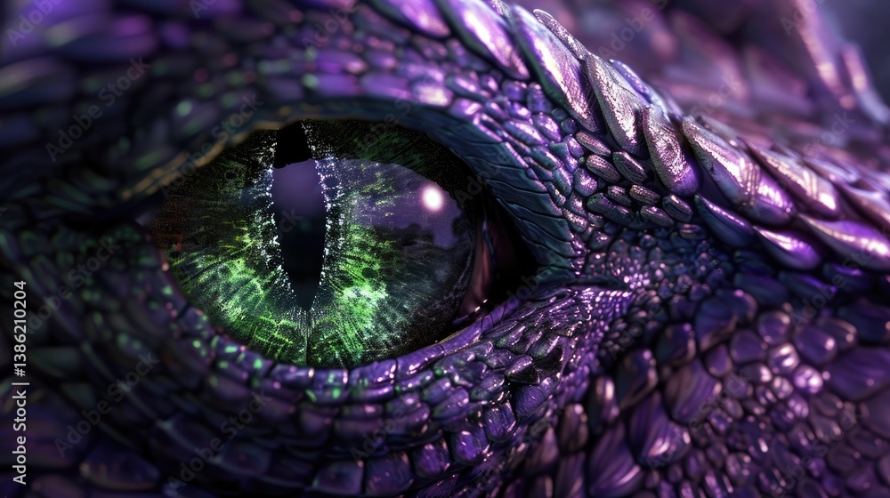 Naklejka premium Fantasy dragon eye close up with bright iris in dramatic lighting