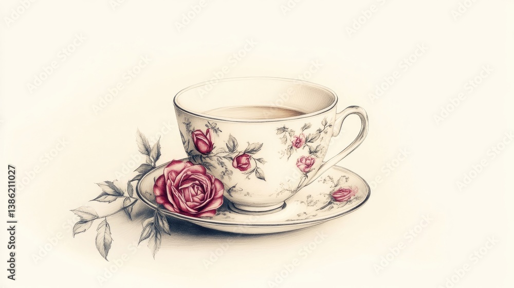 Fototapeta premium A classic teacup drawing with elegant details and floral accents