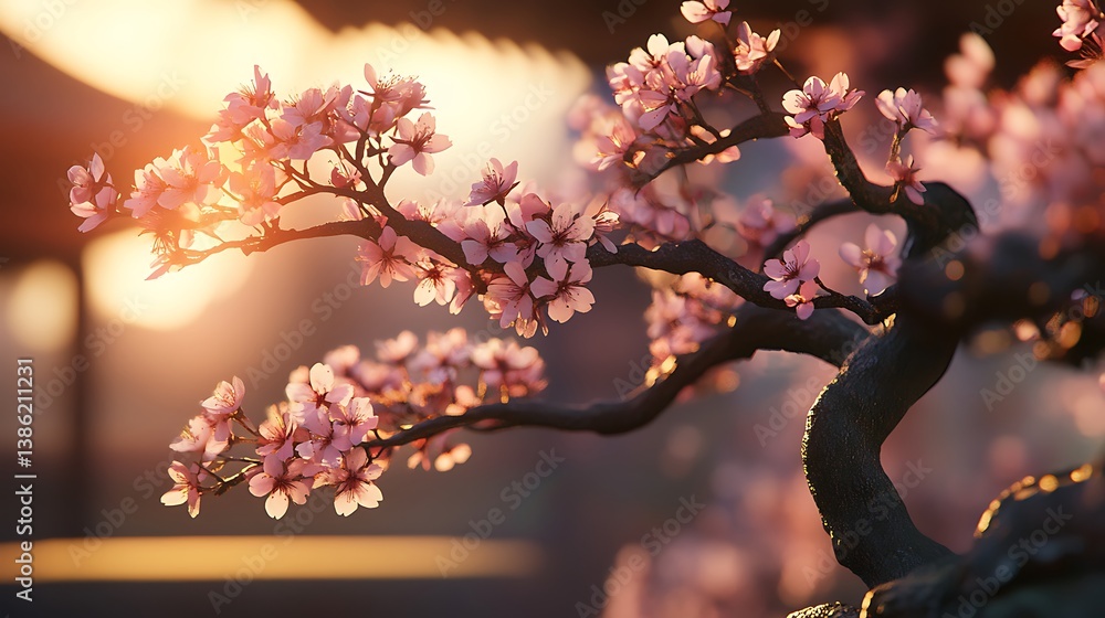 A beautiful cherry blossom tree branch with delicate pink flowers