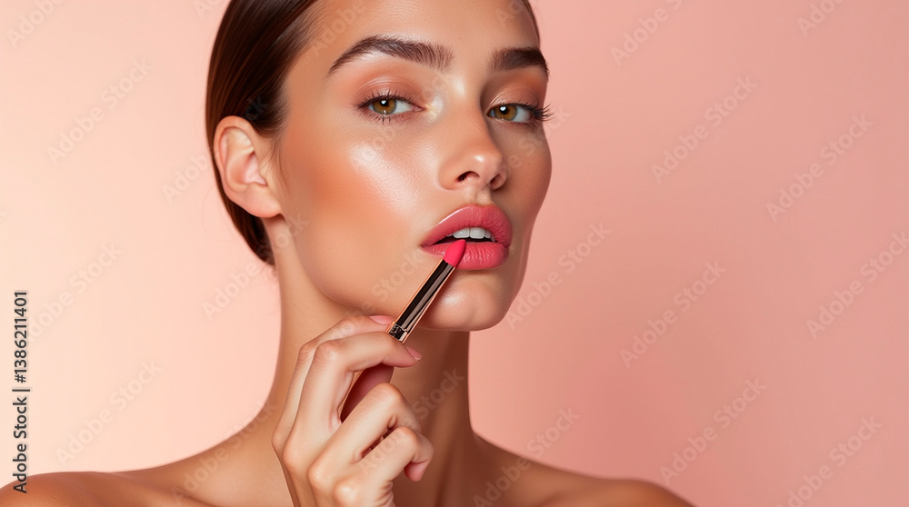 woman paints lips with lipstick, isolated on light background,