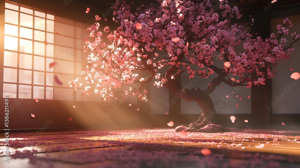 A blossoming tree inside a sunlit traditional japanese style room