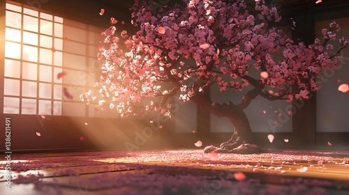 Obraz na płótnie A blossoming tree inside a sunlit traditional japanese style room w salonie