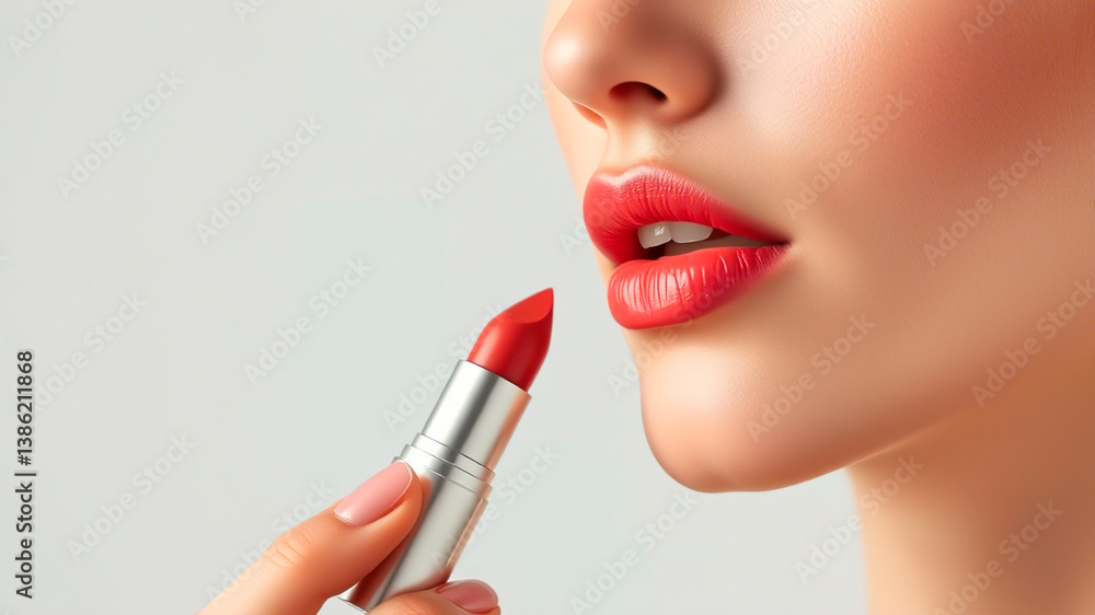woman paints lips with lipstick, isolated on light background,