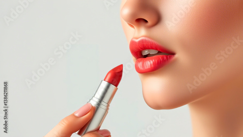 Obraz na płótnie woman paints lips with lipstick, isolated on light background,
w salonie