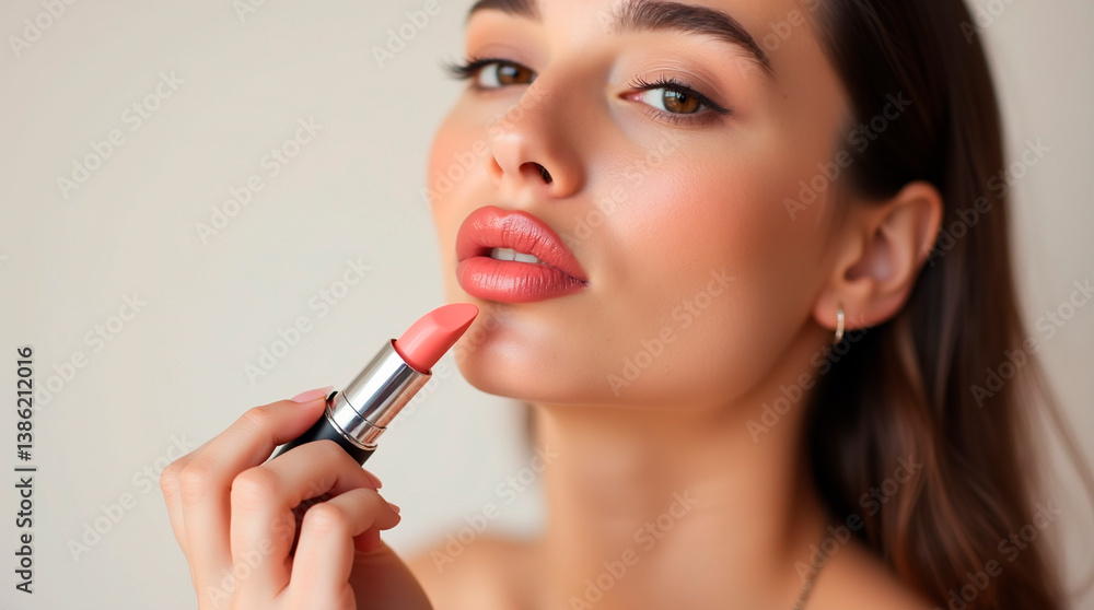 woman paints lips with lipstick, isolated on light background,