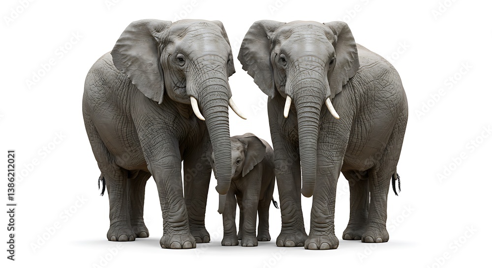 Obraz premium African Elephant Family Portrait: Gentle Giants Against White Background AI Generated
