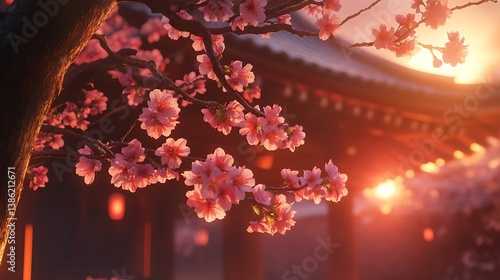 Pink Cherry Blossoms Bloom in Front of a Traditional Building