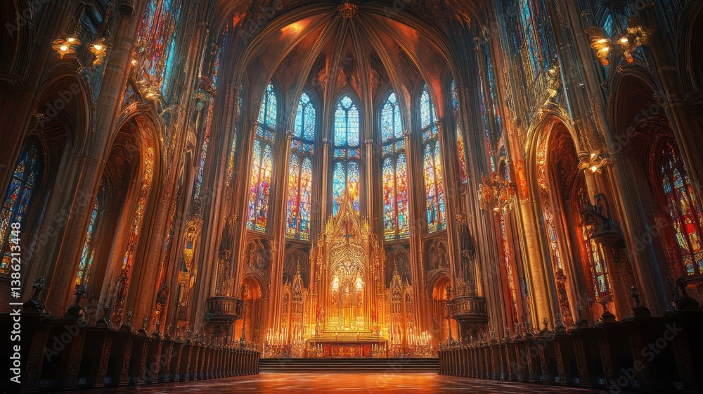 Obraz premium Awe-Inspiring Gothic Cathedral Interior: Stained Glass Splendor