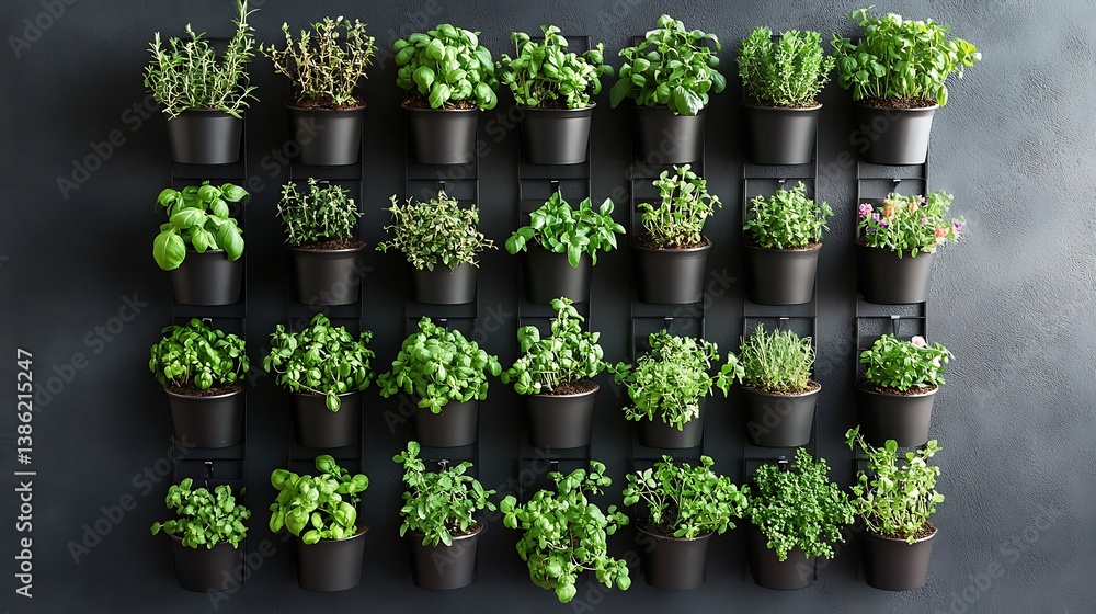 A modern vertical garden displaying various potted herbs on a wall