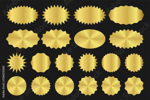 Set of gold sticker, template, mockup, tag, label. Round shiny smooth metal emblem. Award, medal oval element with uneven wavy zigzag edge, star shape. Isolated on black background EPS10 Vector
