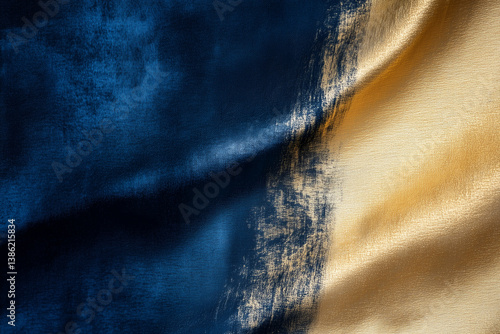 Blue-Gold Painted Silk Texture – Luxurious Abstract Fabric Background