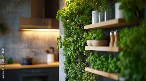 A kitchen wall hosts a vibrant herb garden for culinary use