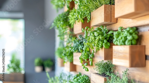 Obraz na płótnie A vertical garden of various herbs growing on wooden boxes w salonie