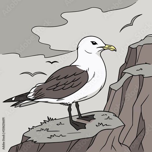 Full-body image of a Black-legged Kittiwake bird with striking white and black feathers.