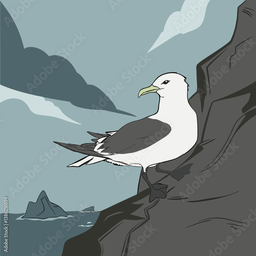 Full-body image of a Black-legged Kittiwake bird with striking white and black feathers.