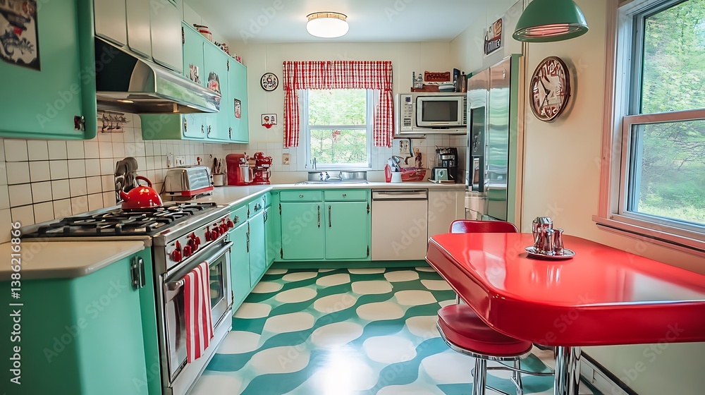 A vintage style kitchen with colorful retro design and appliances