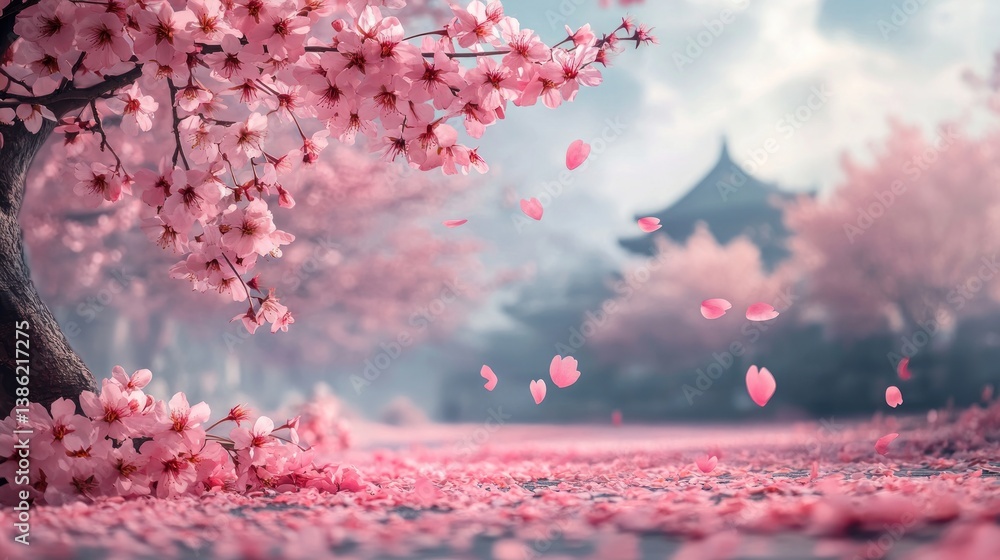 Fototapeta premium Serene Cherry Blossom Springtime: A Dreamlike Asian Garden Scene