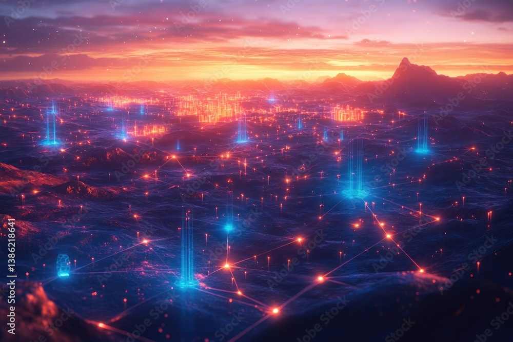 Obraz premium A futuristic cityscape glows under a vibrant sunset, showcasing interconnected networks of light and advanced technology.