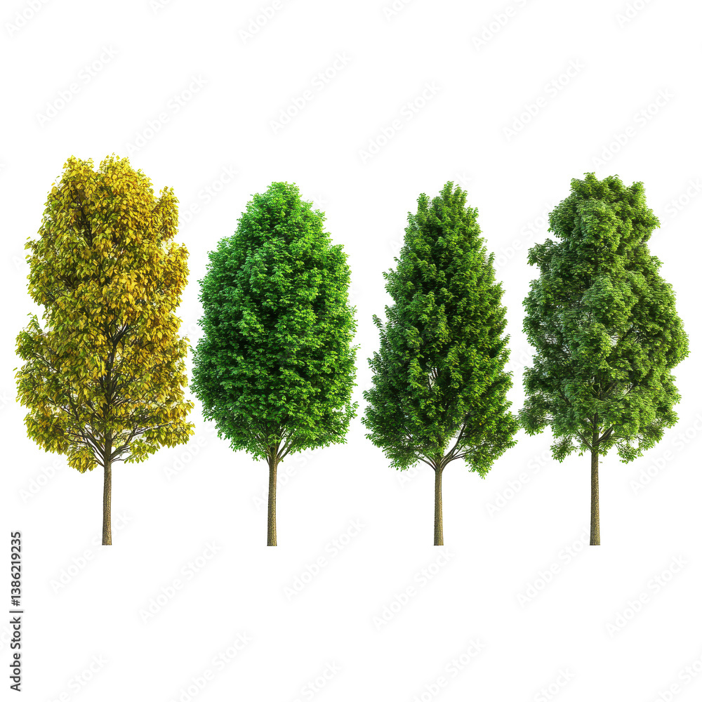 Fototapeta premium Four Trees Showing Seasonal Changes Yellow Green Lush Foliage Nature Cycle, isolated on transparent background
