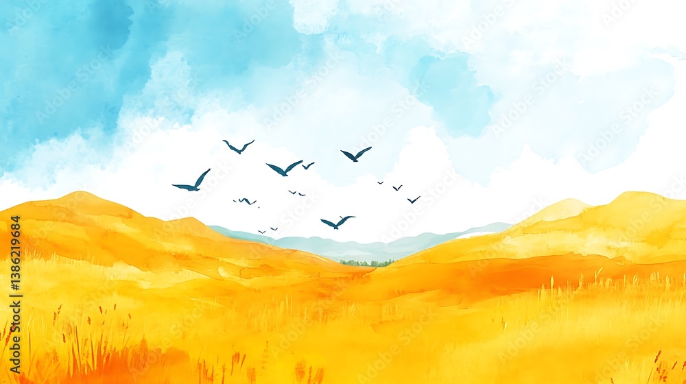 Watercolor painting of a landscape featuring birds in flight above hills