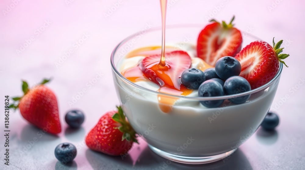 Fruit and Yogurt Bowl: A refreshing and healthy treat topped with honey, strawberries, and blueberries. Fruit and Yogurt Bowl: A refreshing and healthy treat topped with honey, strawberries, and blueberries.