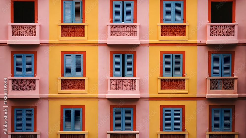 Fototapeta premium A building facade with blue shuttered windows and decorative balconies in yellow and pink colorscheme design
