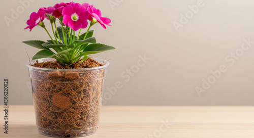 Pink flowers in pot with coconut substrate against neutral background  