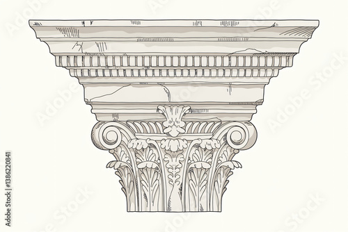 line drawing of a Corinthian entablature with highly decorative frieze