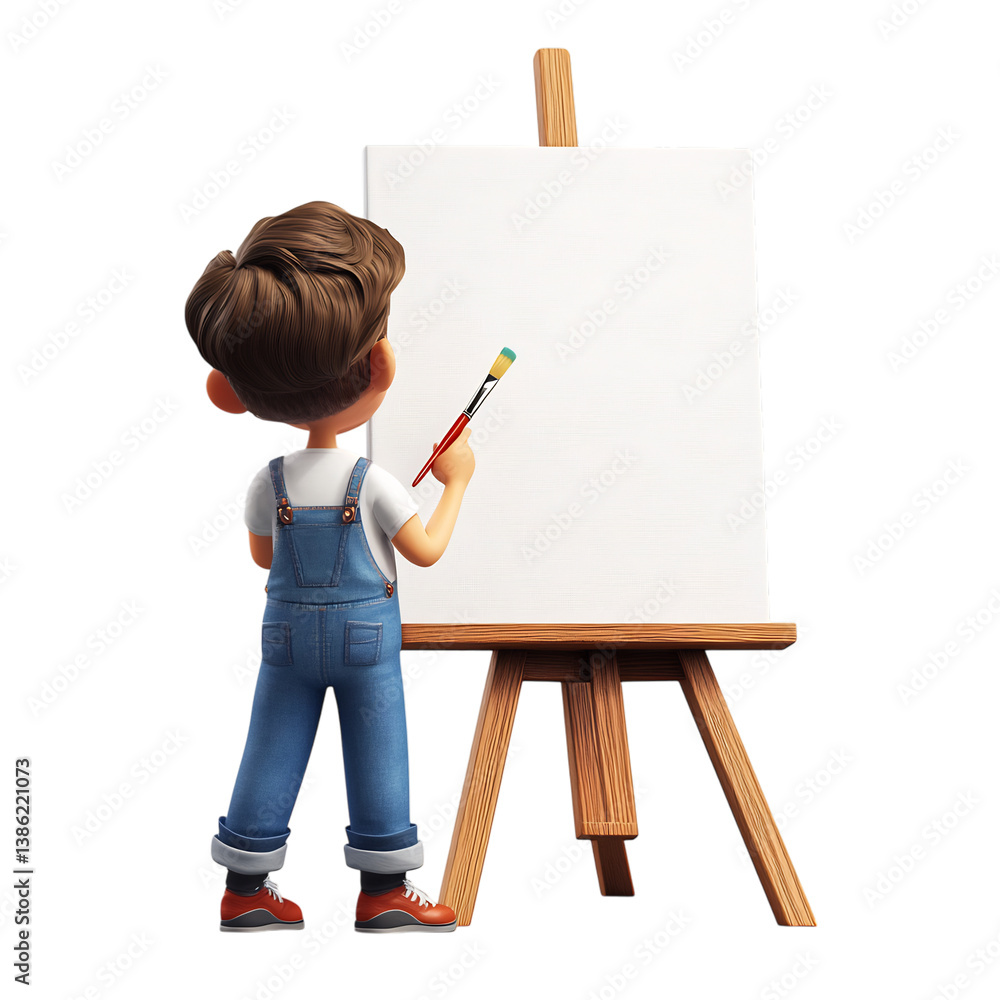 A 3D Cartoon Artist Holding a Paintbrush Standing Isolated on Transparent Background A 3D Cartoon Artist Holding a Paintbrush Standing Isolated on Transparent Background