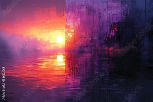 Wallpaper Mural A vibrant sunset reflected in calm water, juxtaposed against a textured, purple-toned vertical structure. Torontodigital.ca