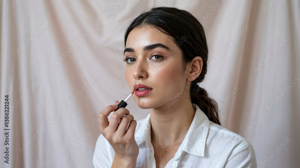 woman paints lips with lipstick, isolated on light background,