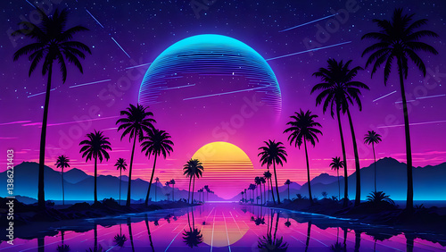 Retro Futuristic Neon Landscape with Glowing Sunset, Palm Trees Silhouettes. Synthwave Style. Purple and Blue  Gradient
