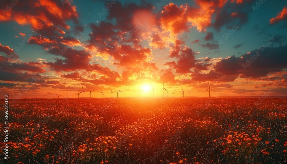 Obraz premium Fiery Sunset over a Field of Wildflowers and Wind Turbines