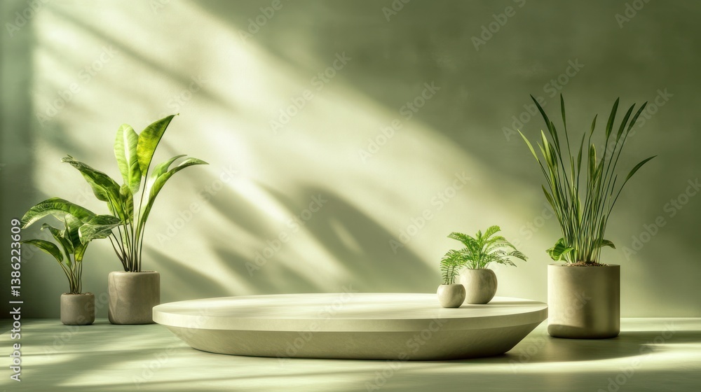 Empty display podium with plants, sunlit studio backdrop Empty display podium with plants, sunlit studio backdrop
